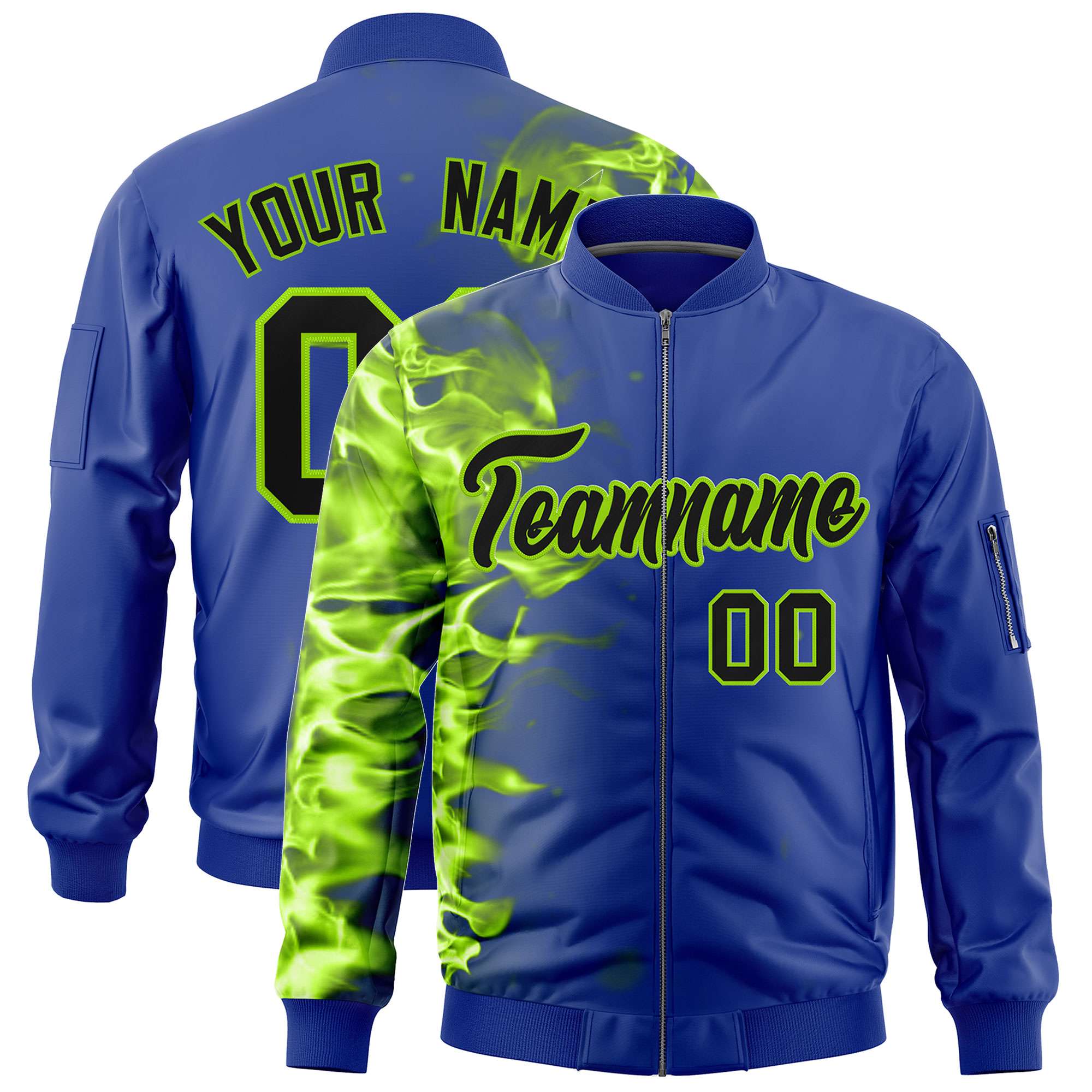 Custom Royal 3D Flame Varsity Full-Zip Letterman Bomber Jacket