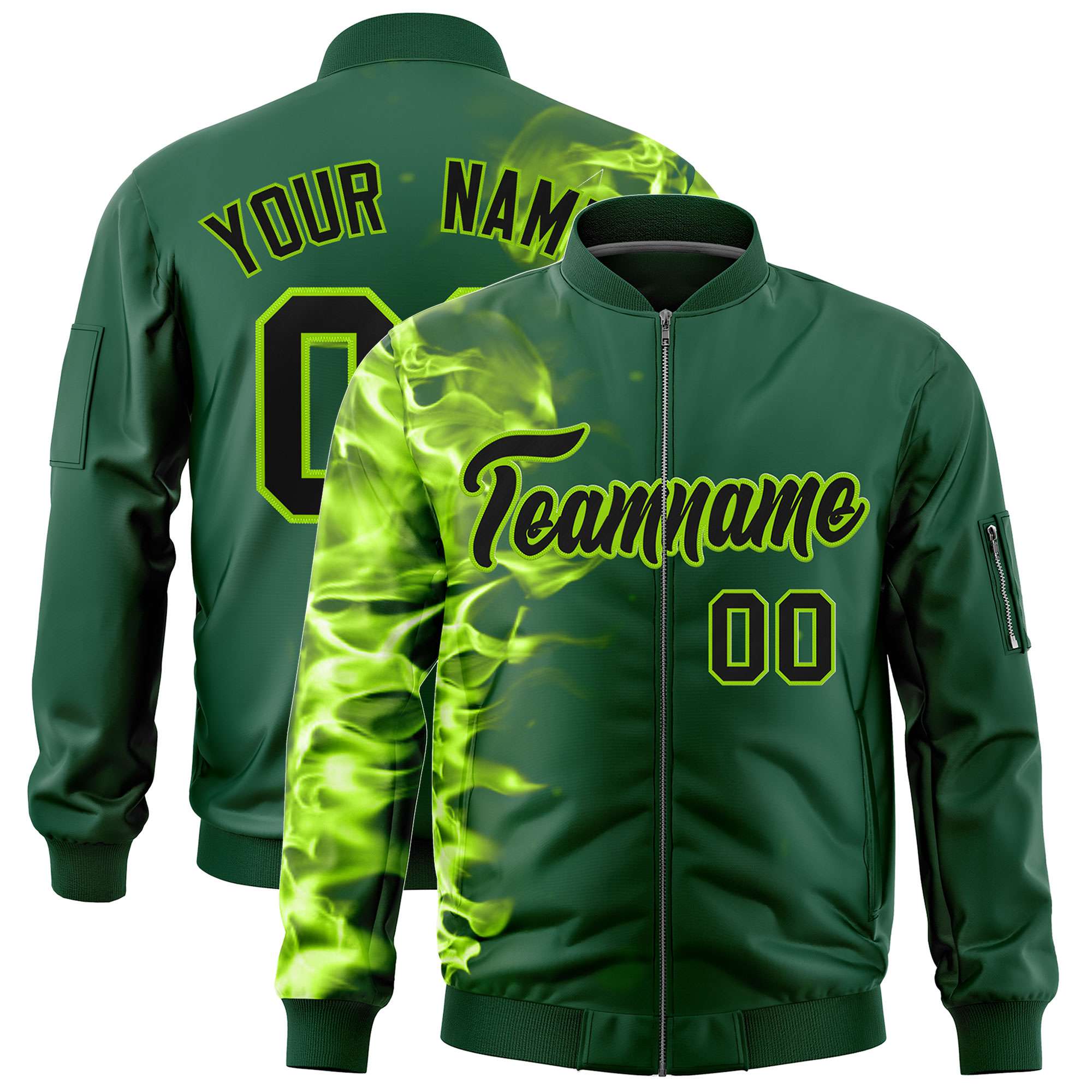 Custom Green 3D Flame Varsity Full-Zip Letterman Bomber Jacket