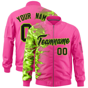 Custom Pink 3D Flame Varsity Full-Zip Letterman Bomber Jacket