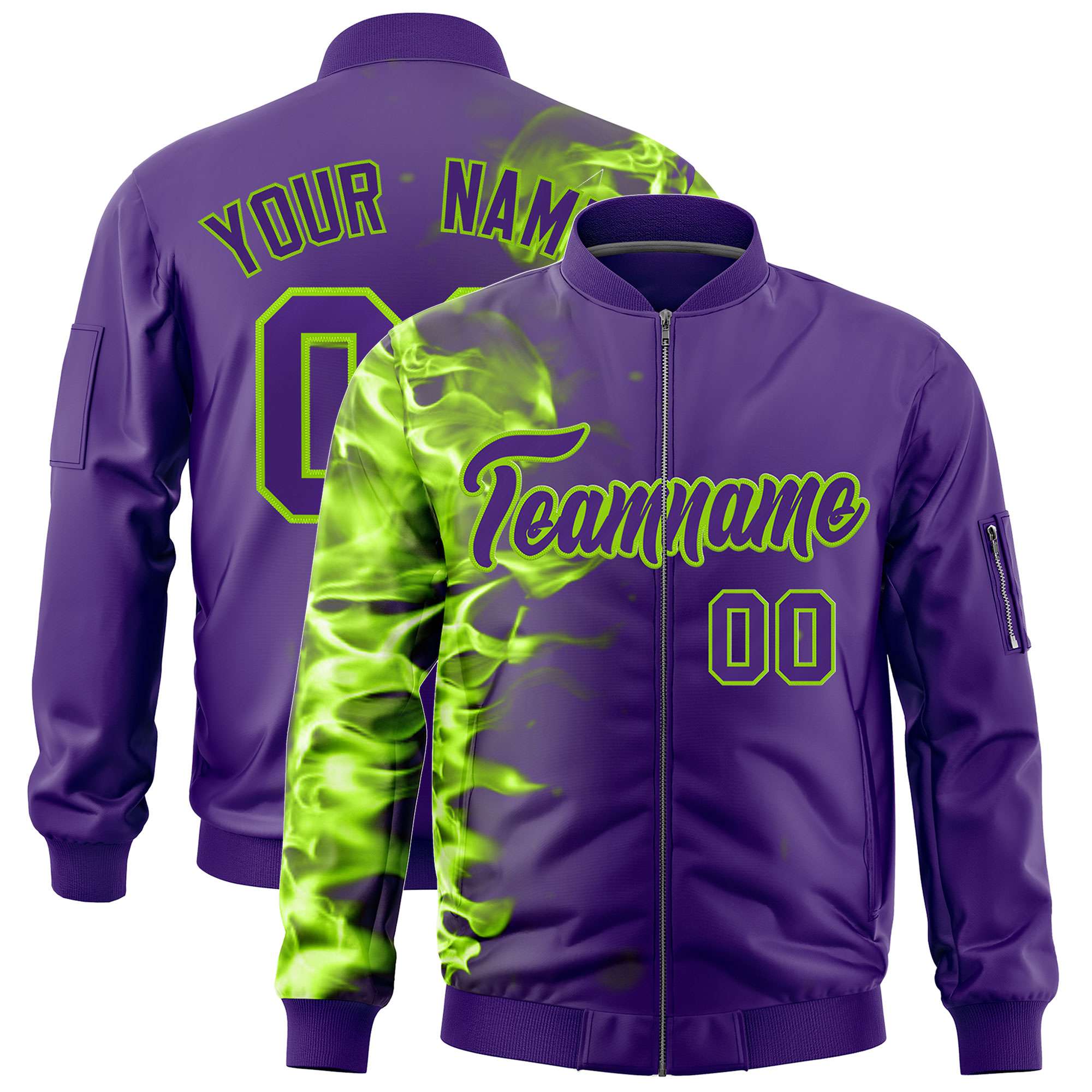 Custom Purple 3D Flame Varsity Full-Zip Letterman Bomber Jacket