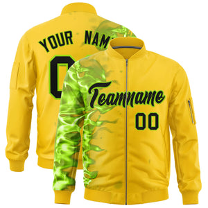 Custom Gold 3D Flame Varsity Full-Zip Letterman Bomber Jacket