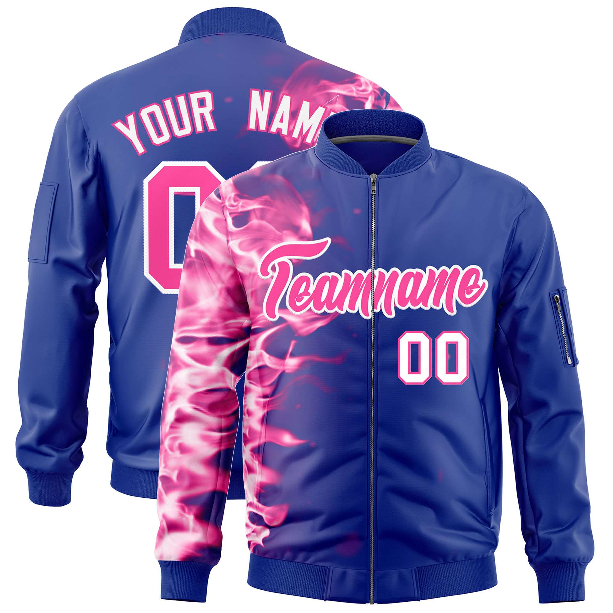 Custom Royal 3D Flame Varsity Full-Zip Letterman Bomber Jacket