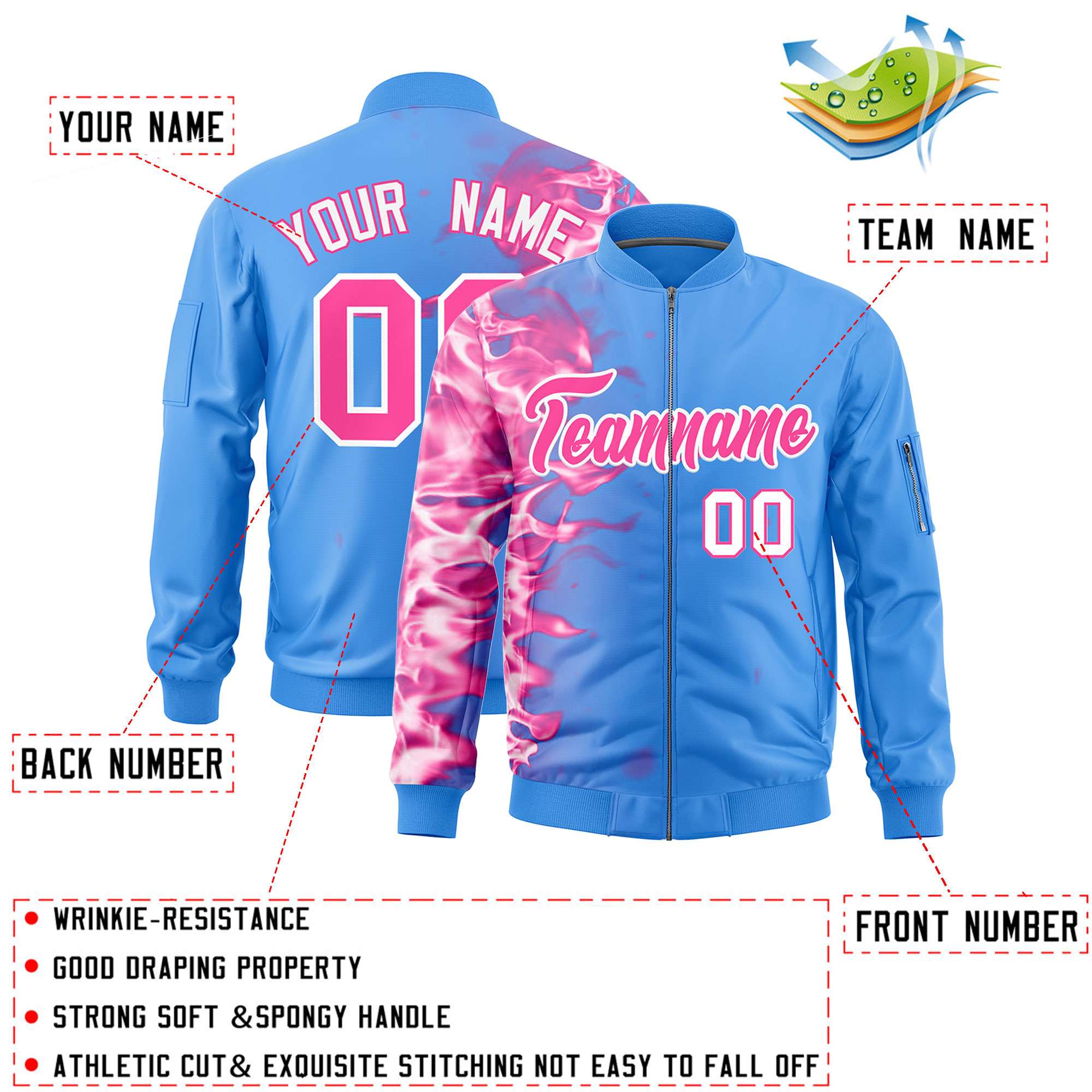 Custom Powder Blue 3D Flame Varsity Full-Zip Letterman Bomber Jacket