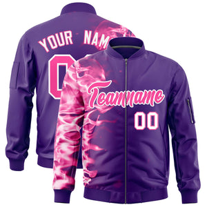 Custom Purple 3D Flame Varsity Full-Zip Letterman Bomber Jacket