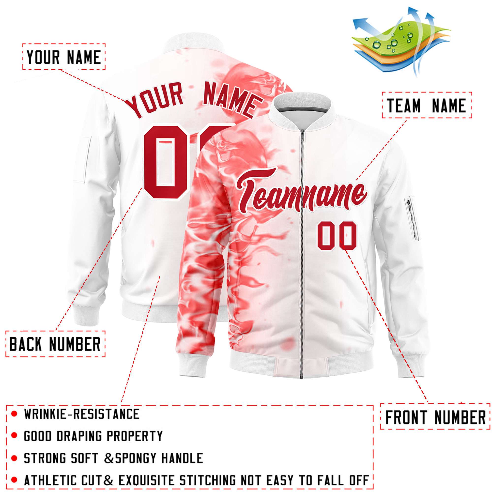 Custom White 3D Flame Varsity Full-Zip Letterman Bomber Jacket