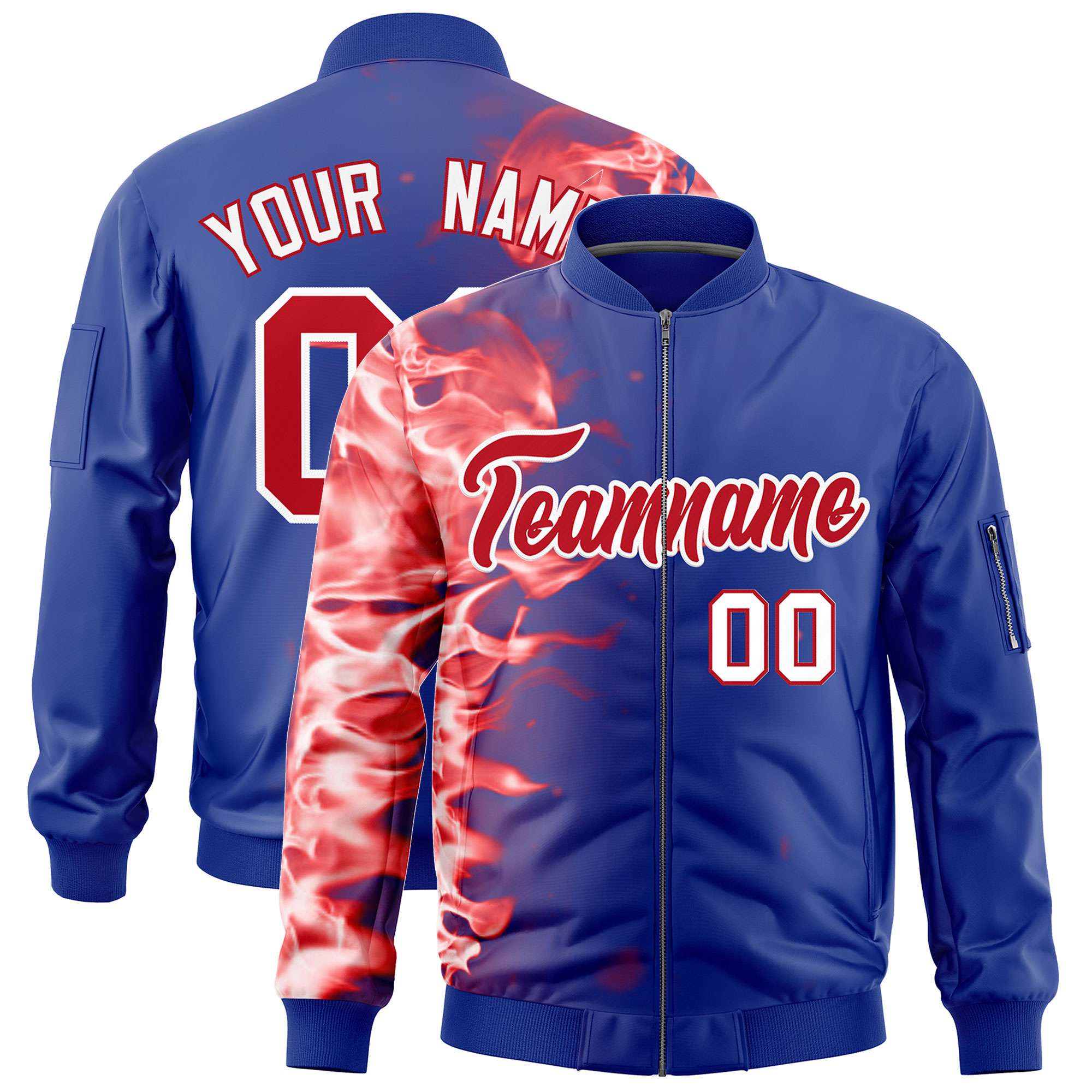 Custom Royal 3D Flame Varsity Full-Zip Letterman Bomber Jacket