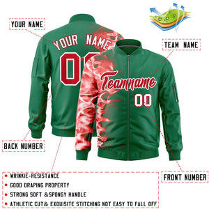 Custom Kelly Green 3D Flame Varsity Full-Zip Letterman Bomber Jacket