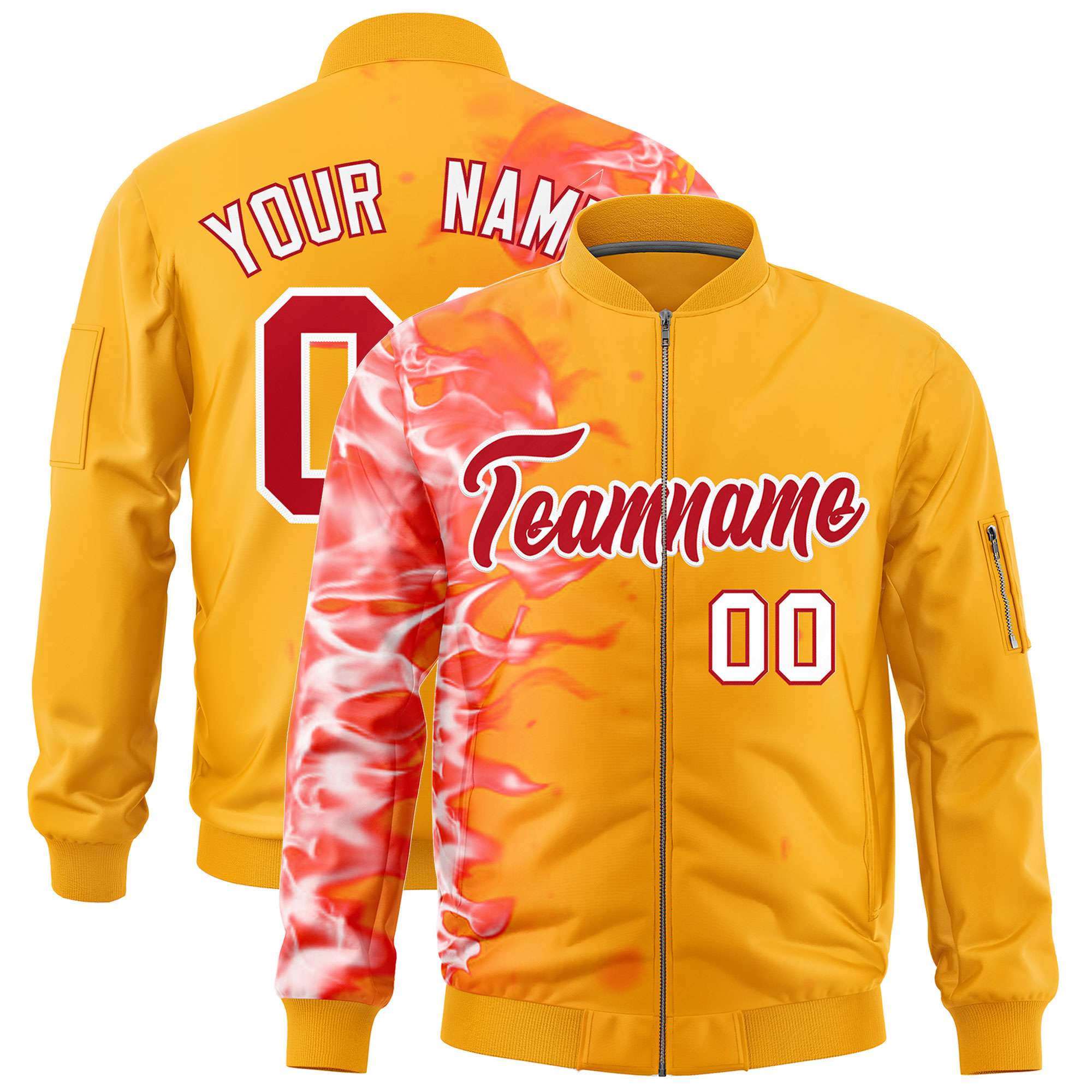 Custom Yellow 3D Flame Varsity Full-Zip Letterman Bomber Jacket