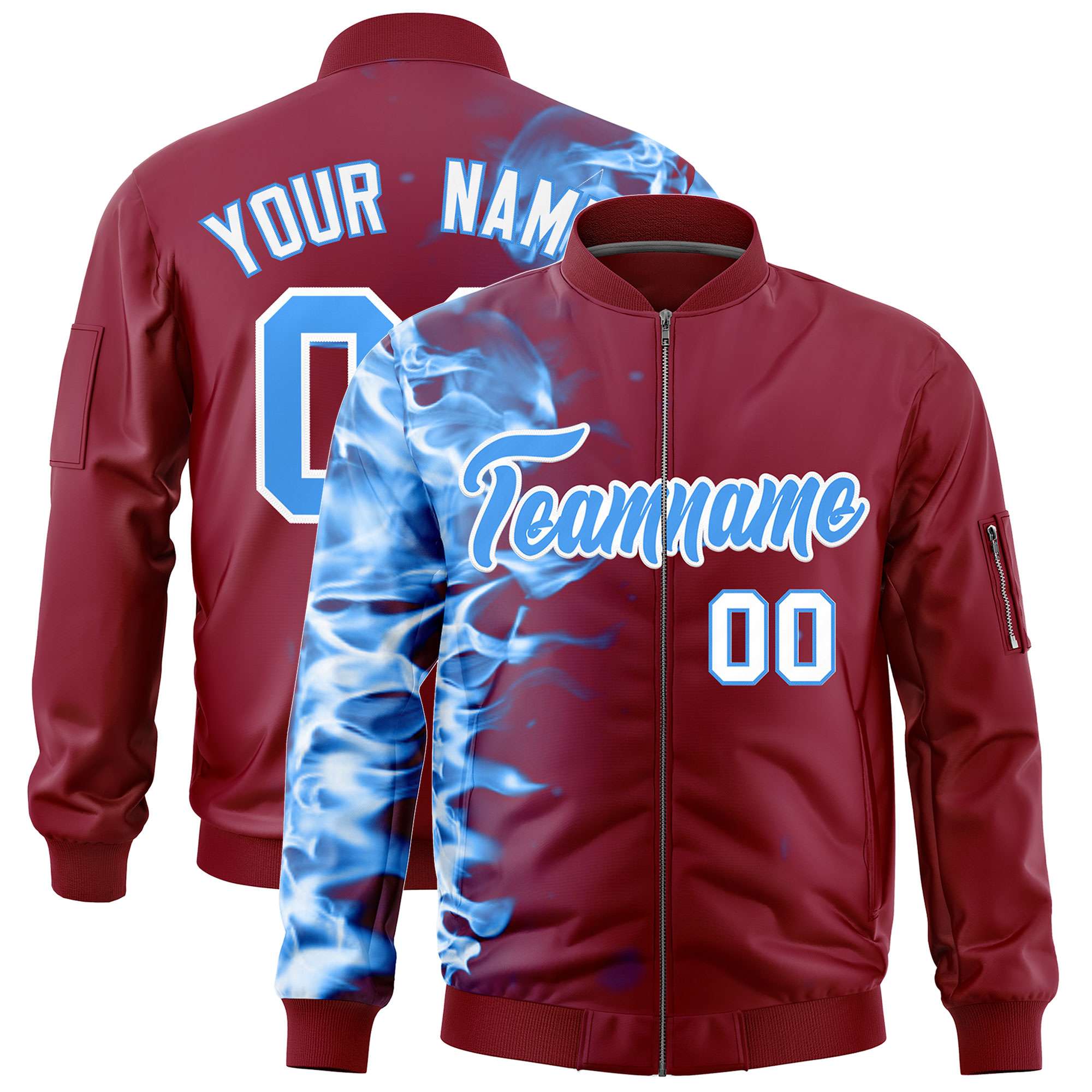 Custom Crimson 3D Flame Varsity Full-Zip Letterman Bomber Jacket