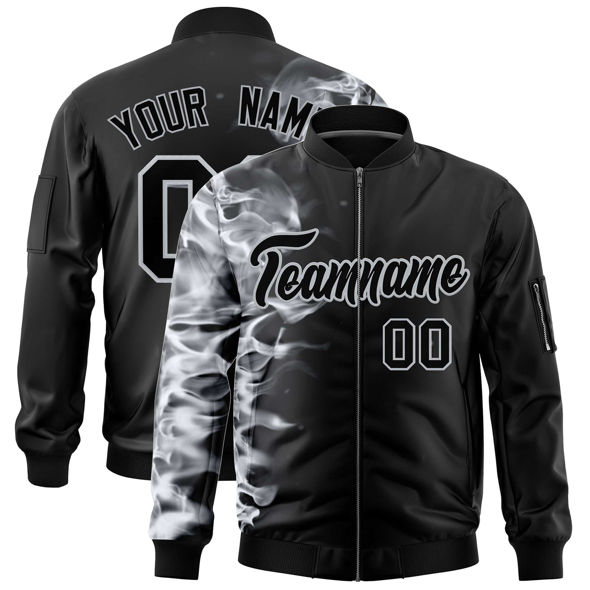 Custom Black 3D Flame Varsity Full-Zip Letterman Bomber Jacket