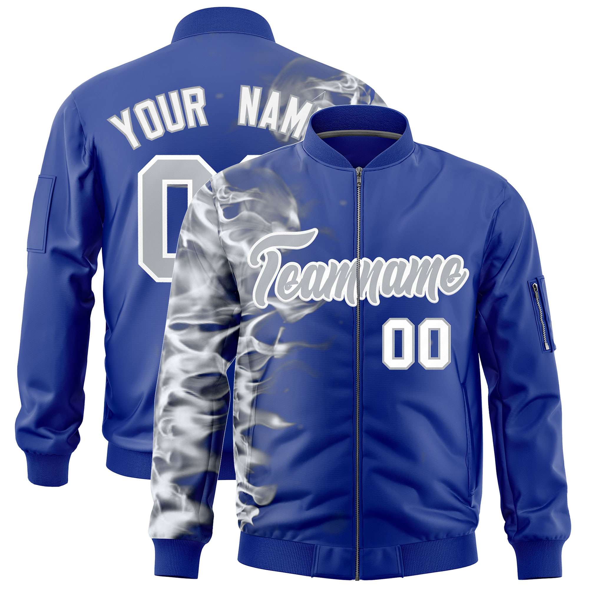 Custom Royal 3D Flame Varsity Full-Zip Letterman Bomber Jacket