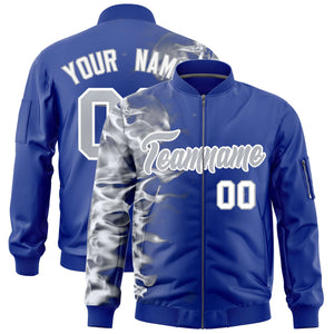 Custom Royal 3D Flame Varsity Full-Zip Letterman Bomber Jacket