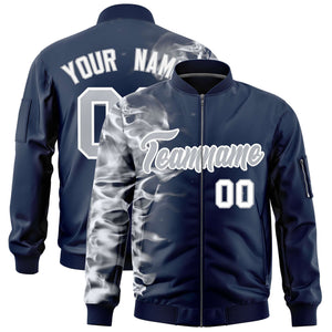 Custom Navy 3D Flame Varsity Full-Zip Letterman Bomber Jacket