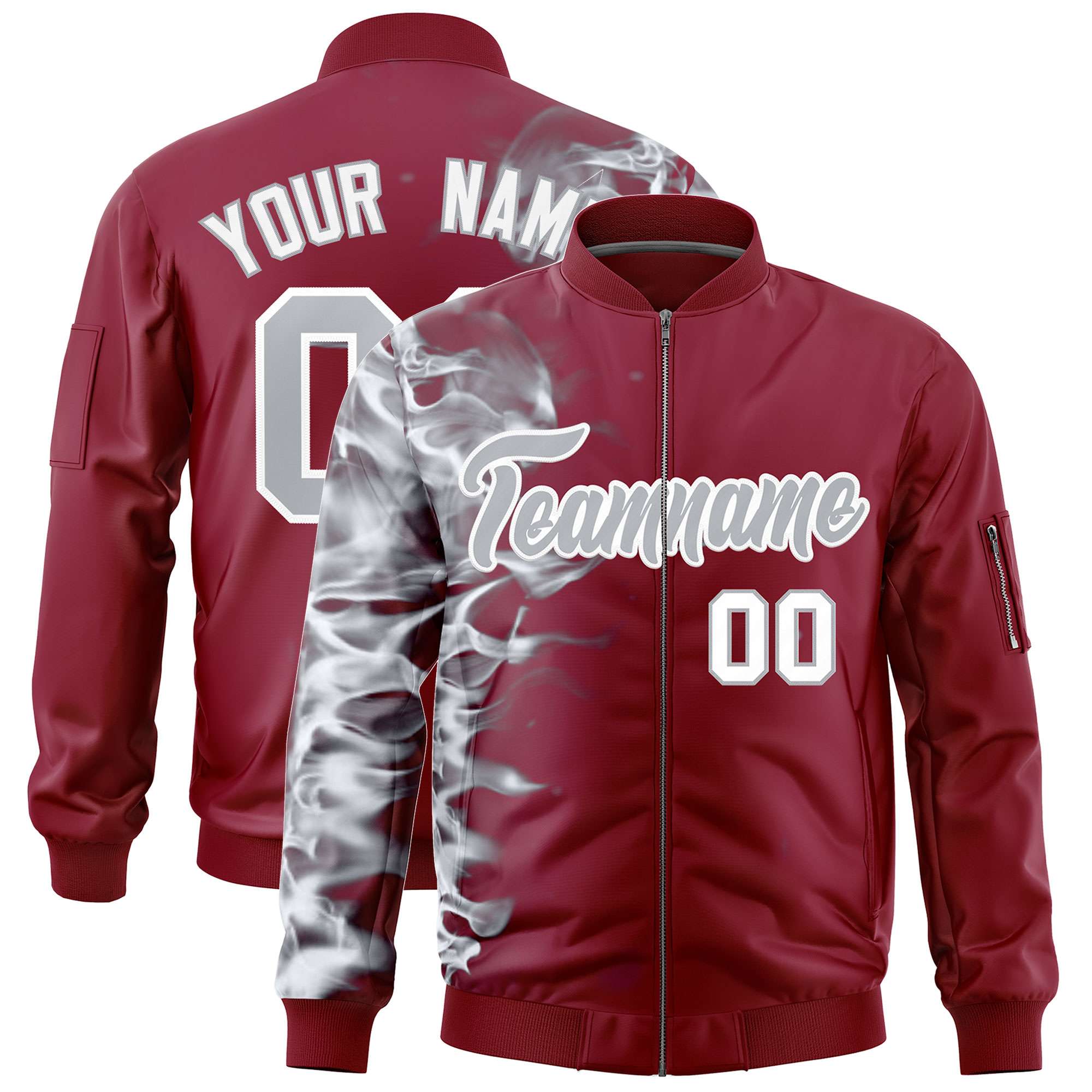 Custom Crimson 3D Flame Varsity Full-Zip Letterman Bomber Jacket