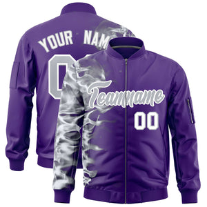 Custom Purple 3D Flame Varsity Full-Zip Letterman Bomber Jacket