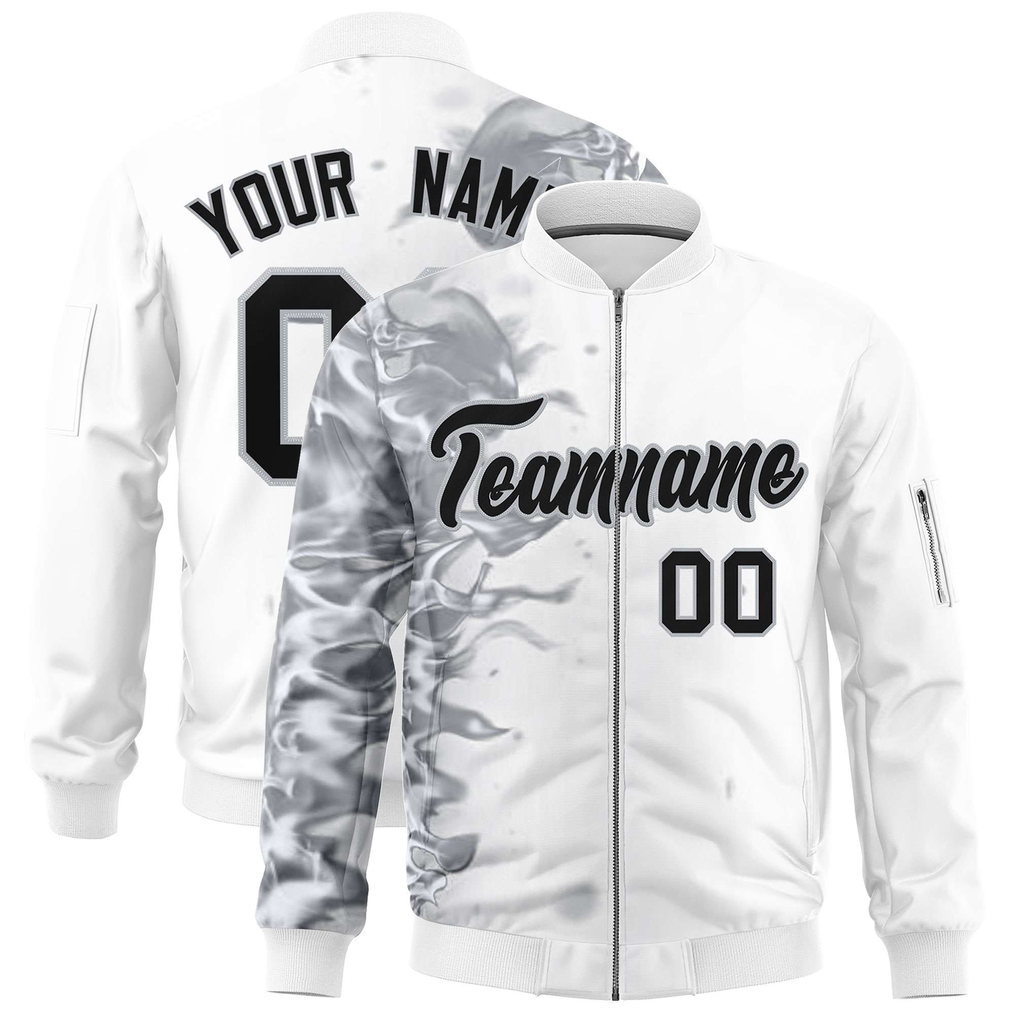 Custom White 3D Flame Varsity Full-Zip Letterman Bomber Jacket