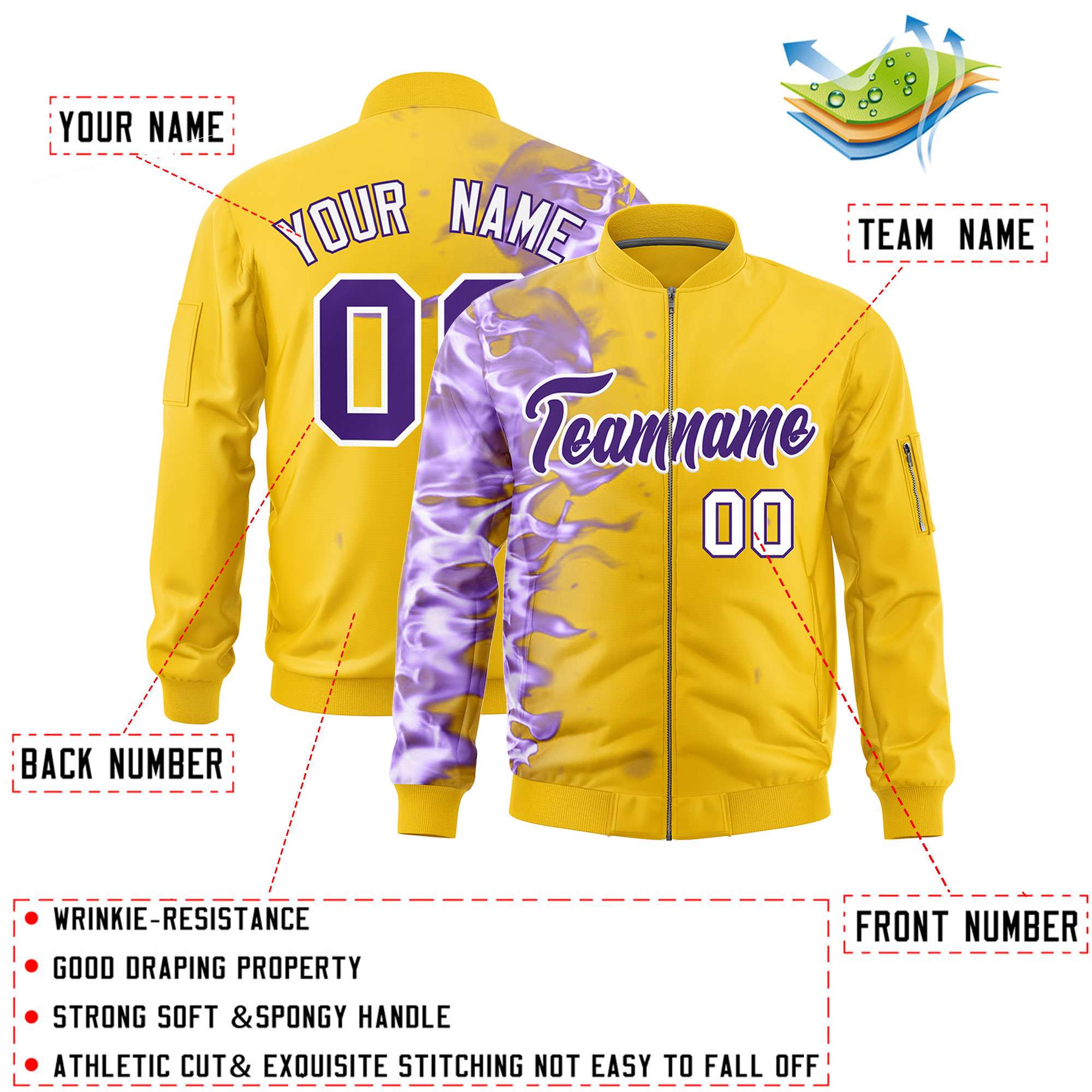 Custom Gold 3D Flame Varsity Full-Zip Letterman Bomber Jacket