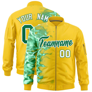 Custom Gold 3D Flame Varsity Full-Zip Letterman Bomber Jacket