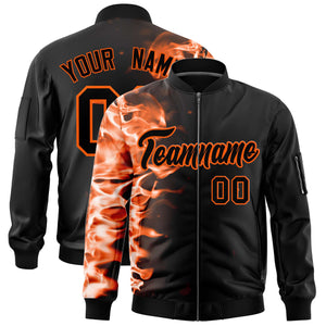 Custom Black 3D Flame Varsity Full-Zip Letterman Bomber Jacket