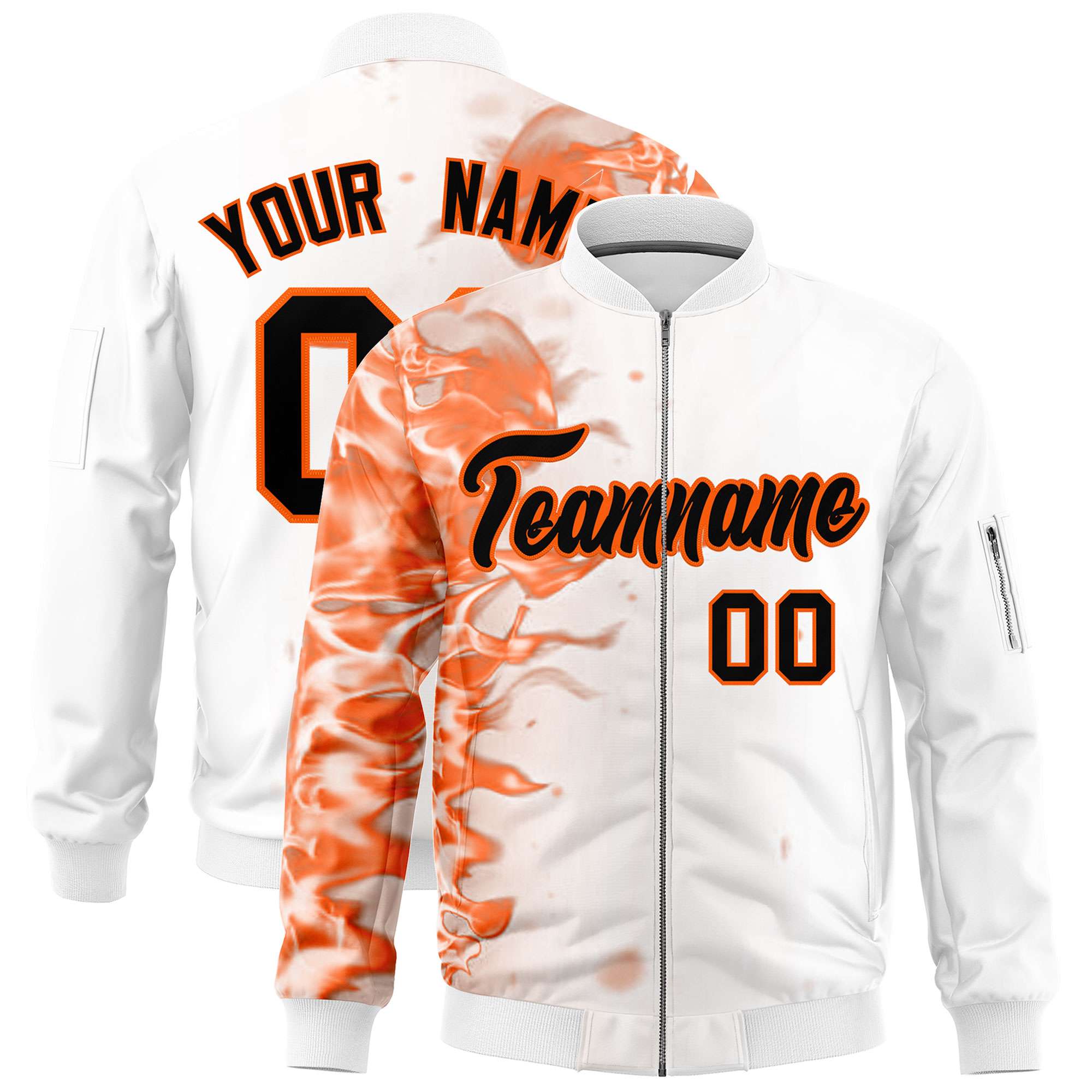 Custom White 3D Flame Varsity Full-Zip Letterman Bomber Jacket