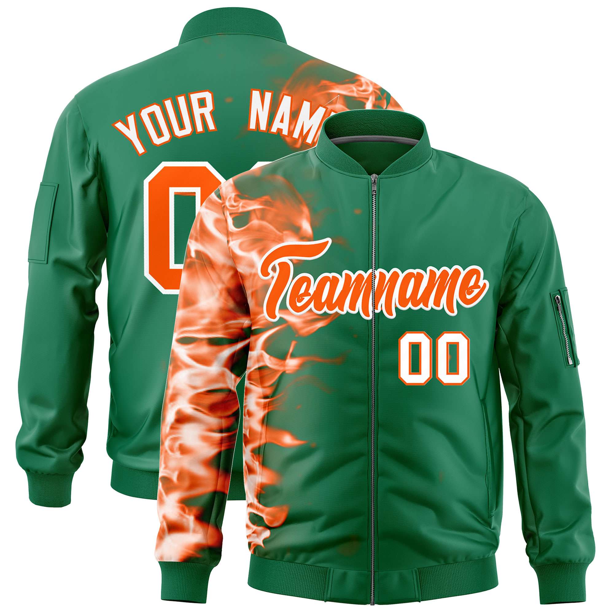 Custom Kelly Green 3D Flame Varsity Full-Zip Letterman Bomber Jacket