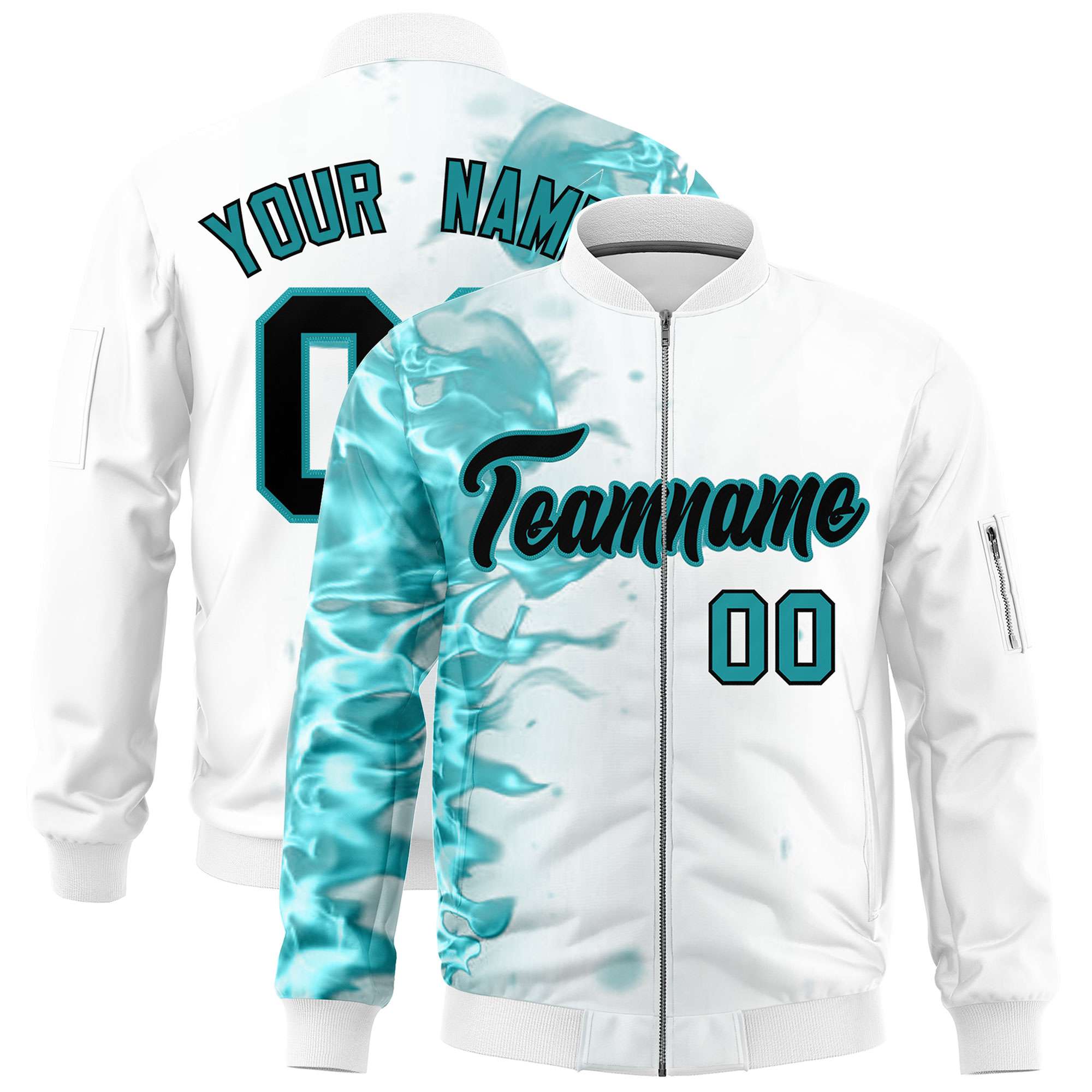 Custom White 3D Flame Varsity Full-Zip Letterman Bomber Jacket