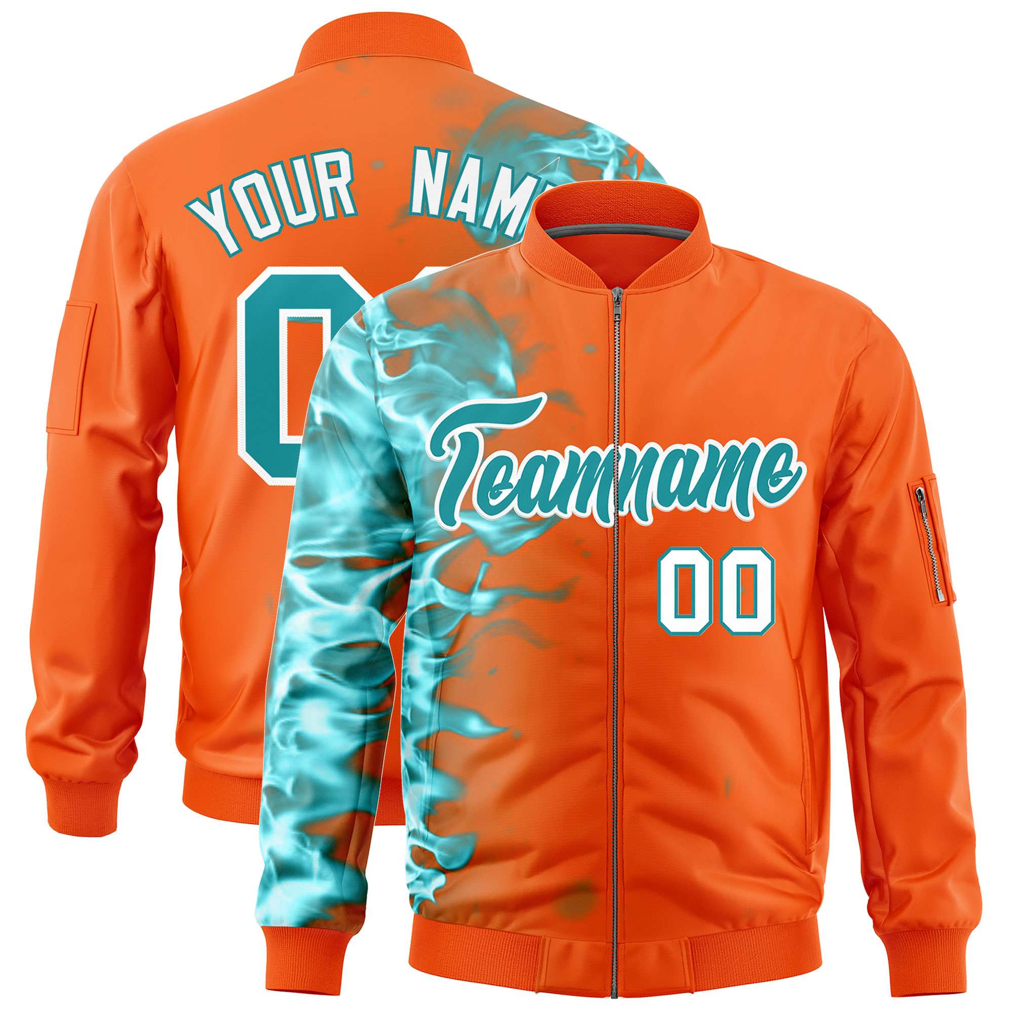 Custom Orange 3D Flame Varsity Full-Zip Letterman Bomber Jacket