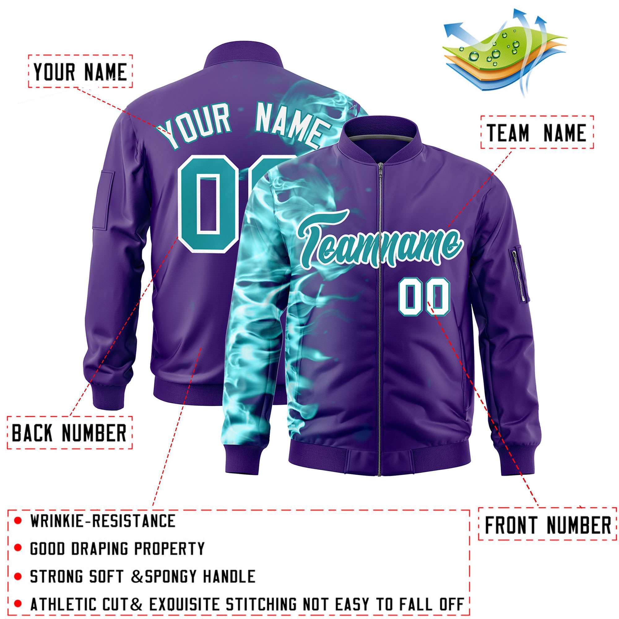 Custom Purple 3D Flame Varsity Full-Zip Letterman Bomber Jacket