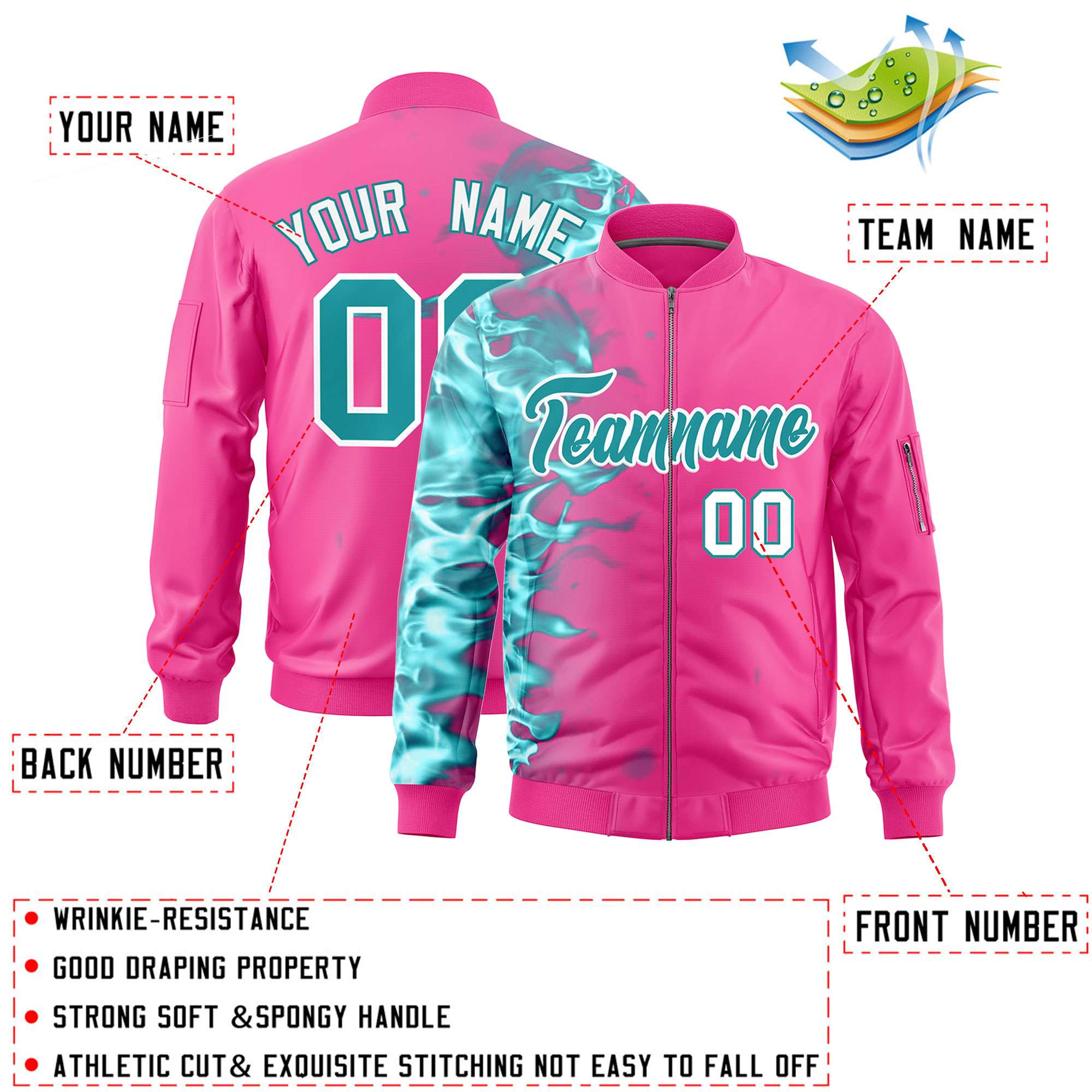 Custom Pink 3D Flame Varsity Full-Zip Letterman Bomber Jacket