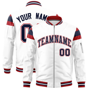 Custom White Red-Navy Varsity Full-Zip Shoulder Color Block Letterman Bomber Jacket