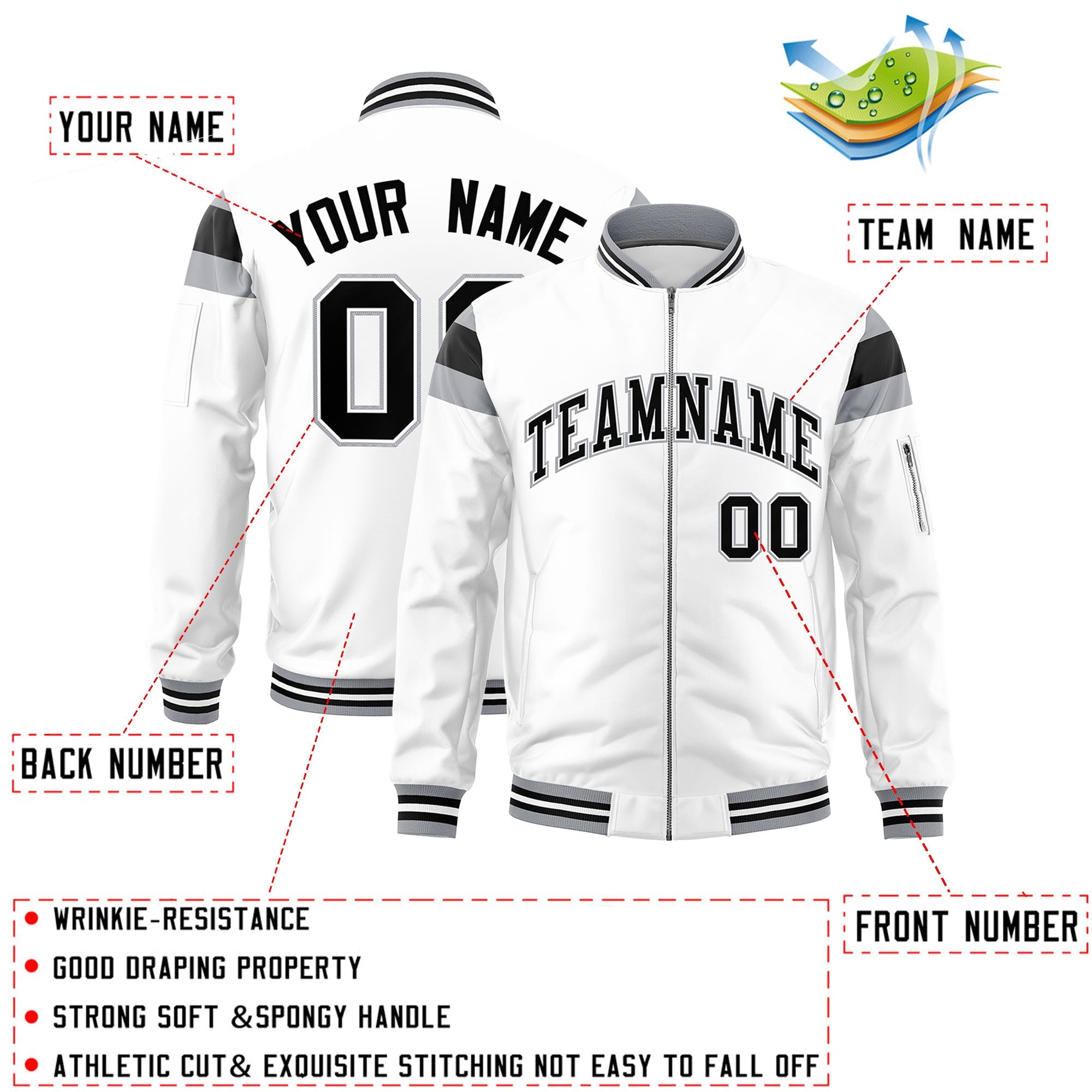 Custom White Silver-Black Varsity Full-Zip Shoulder Color Block Letterman Bomber Jacket