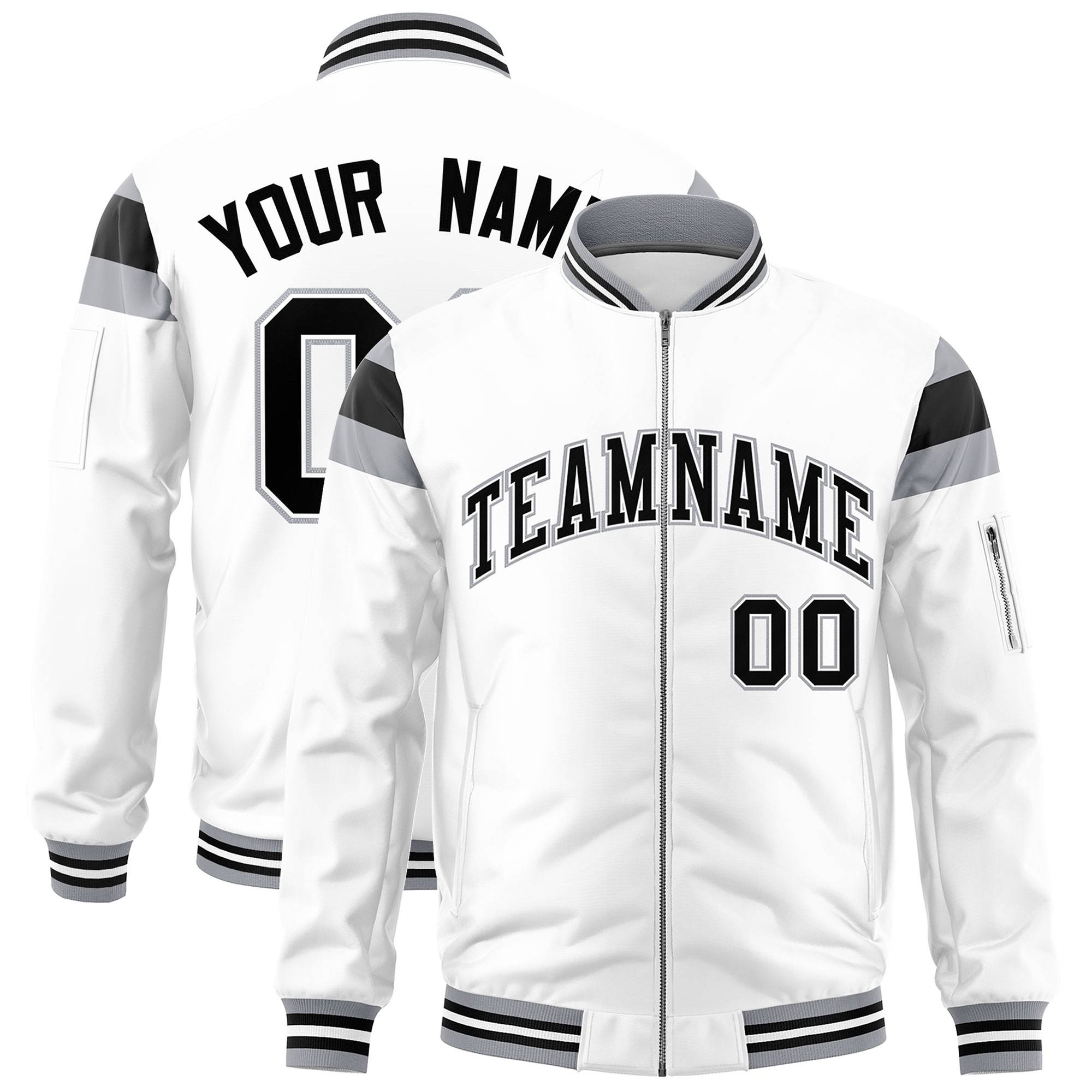 Custom White Silver-Black Varsity Full-Zip Shoulder Color Block Letterman Bomber Jacket