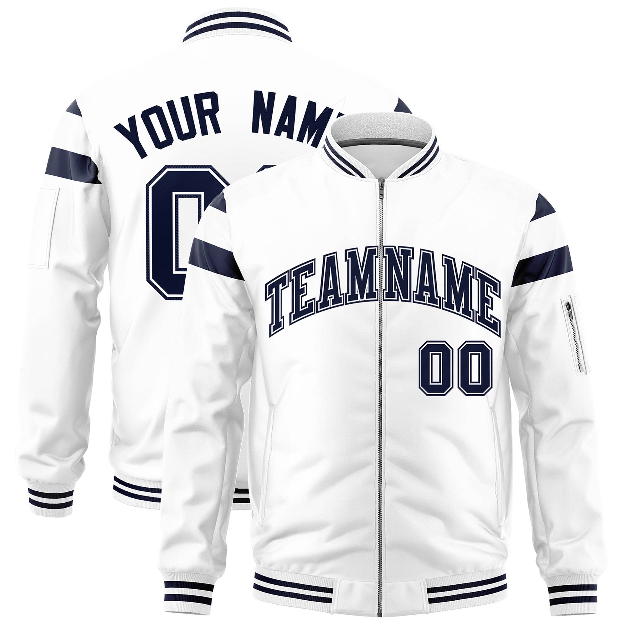 Custom White Navy Varsity Full-Zip Shoulder Color Block Letterman Bomber Jacket