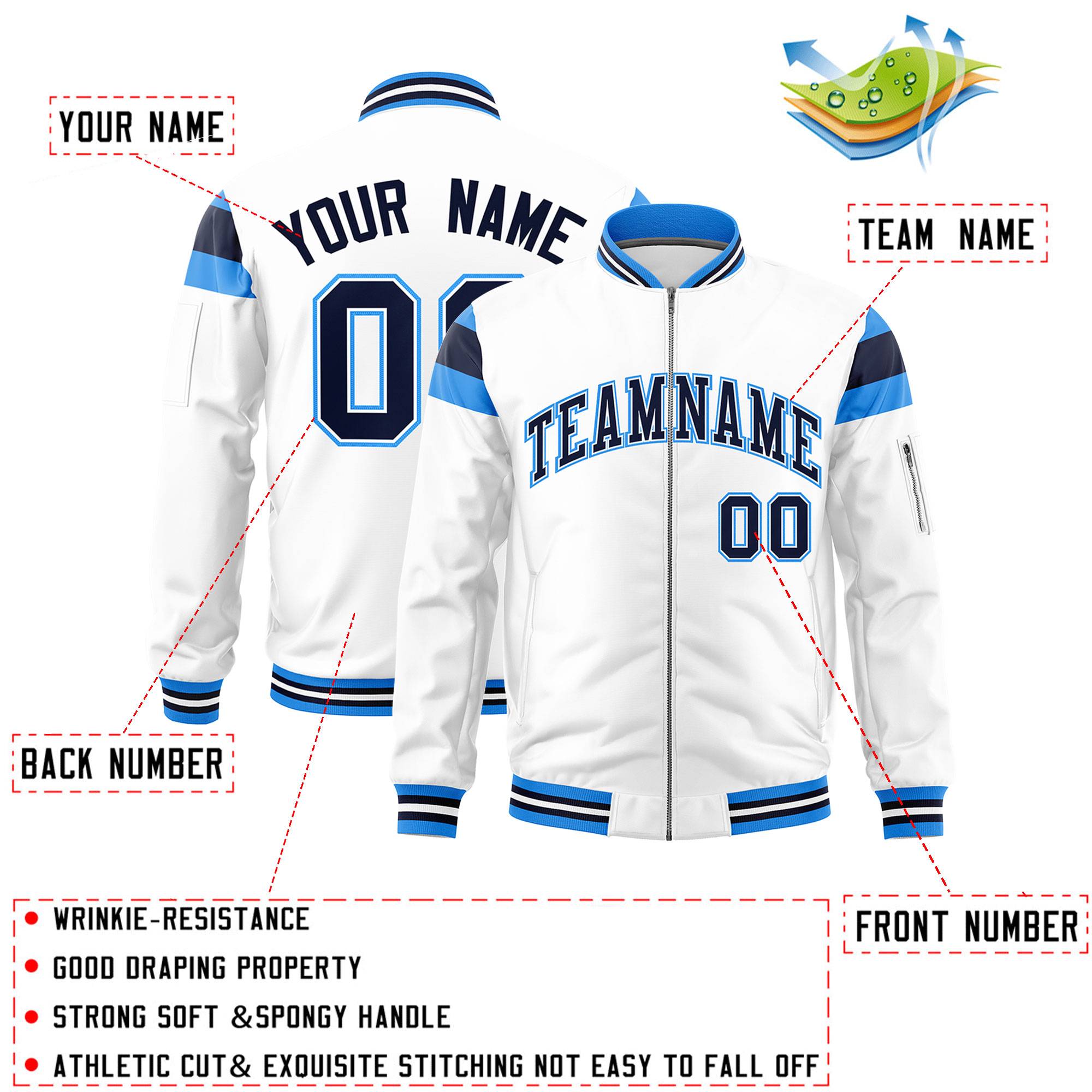 Custom White Powder Blue-Navy Varsity Full-Zip Shoulder Color Block Letterman Bomber Jacket