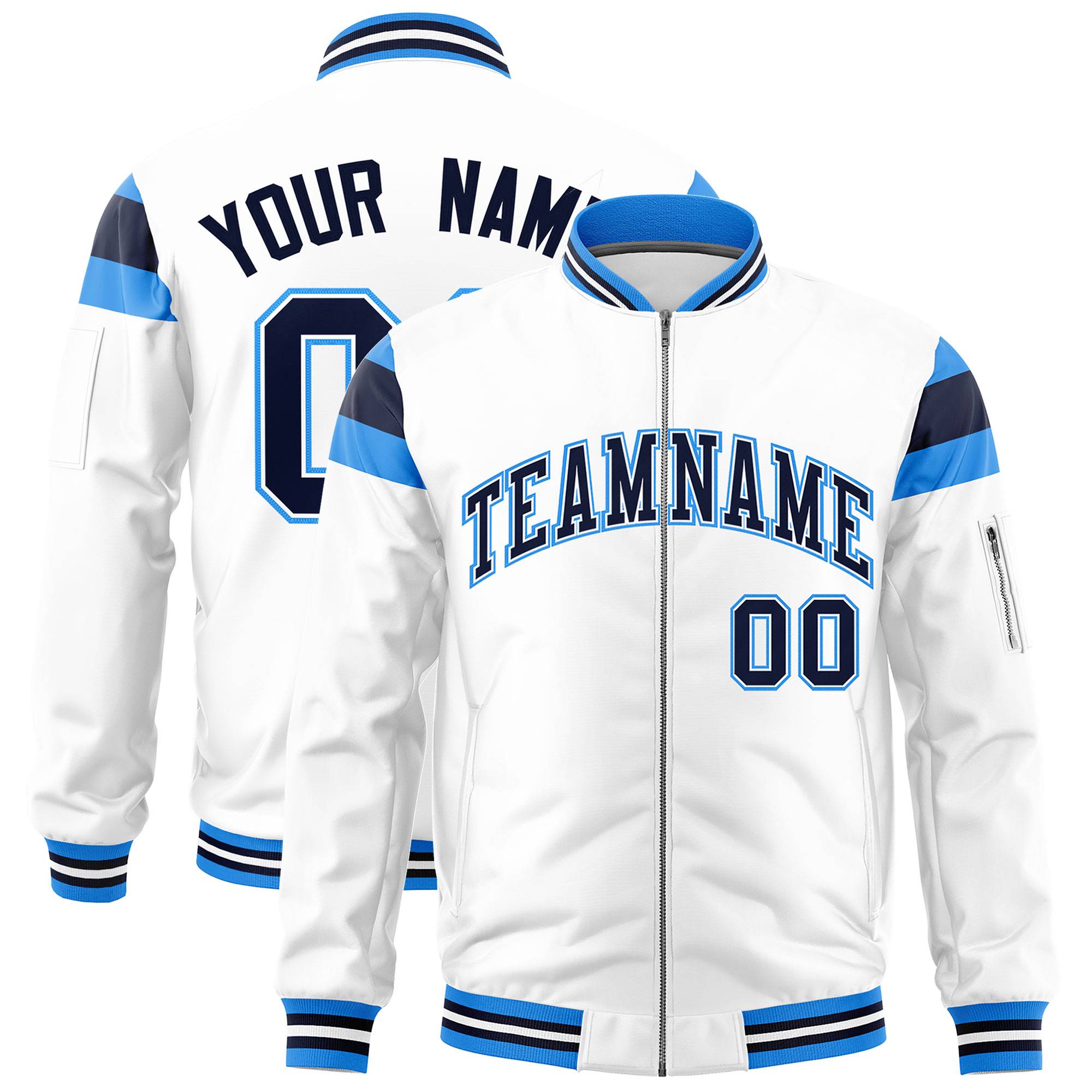 Custom White Powder Blue-Navy Varsity Full-Zip Shoulder Color Block Letterman Bomber Jacket