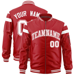 Custom Red White Varsity Full-Zip Shoulder Color Block Letterman Bomber Jacket