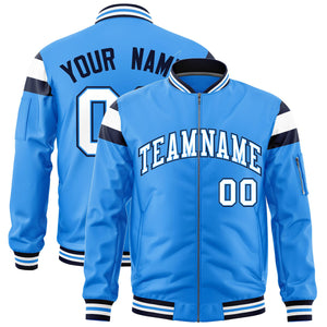 Custom Powder Blue Navy-White Varsity Full-Zip Shoulder Color Block Letterman Bomber Jacket