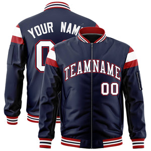 Custom Navy Red-White Varsity Full-Zip Shoulder Color Block Letterman Bomber Jacket