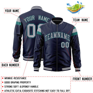 Custom Navy Aqua-Silver Varsity Full-Zip Shoulder Color Block Letterman Bomber Jacket