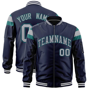 Custom Navy Aqua-Silver Varsity Full-Zip Shoulder Color Block Letterman Bomber Jacket