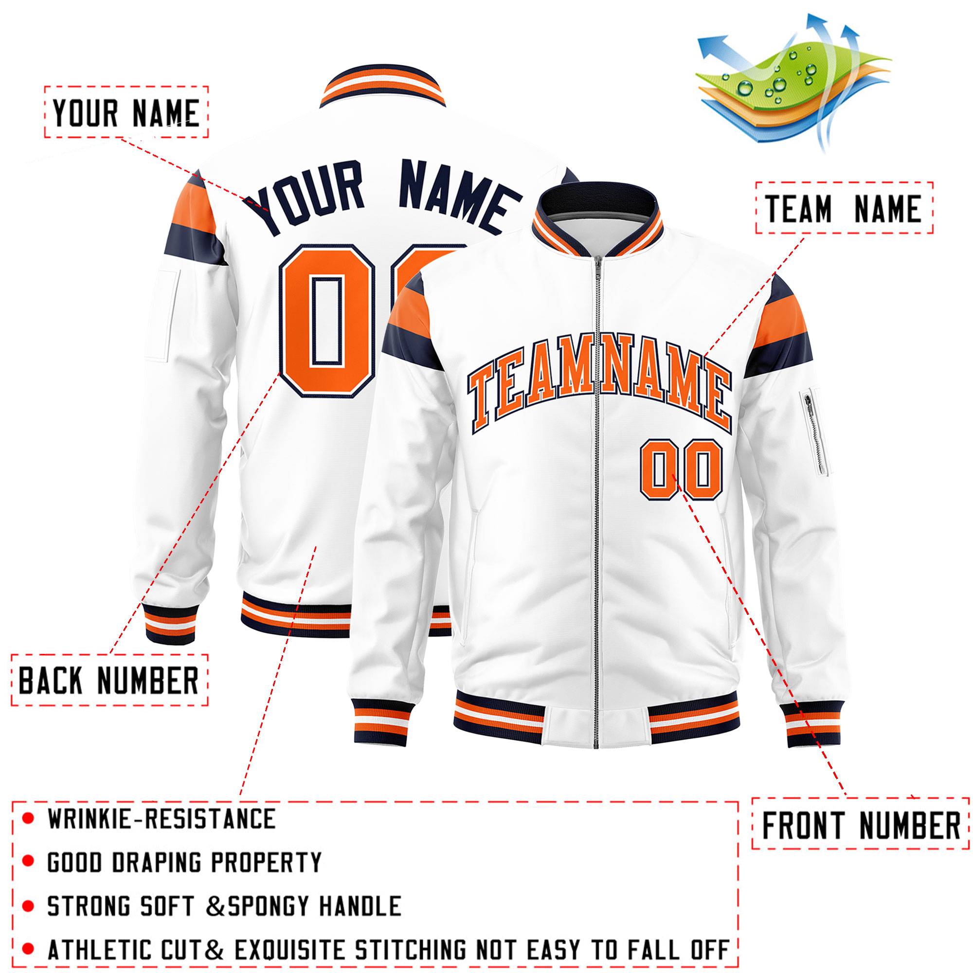 Custom White Navy-Orange Varsity Full-Zip Shoulder Color Block Letterman Bomber Jacket