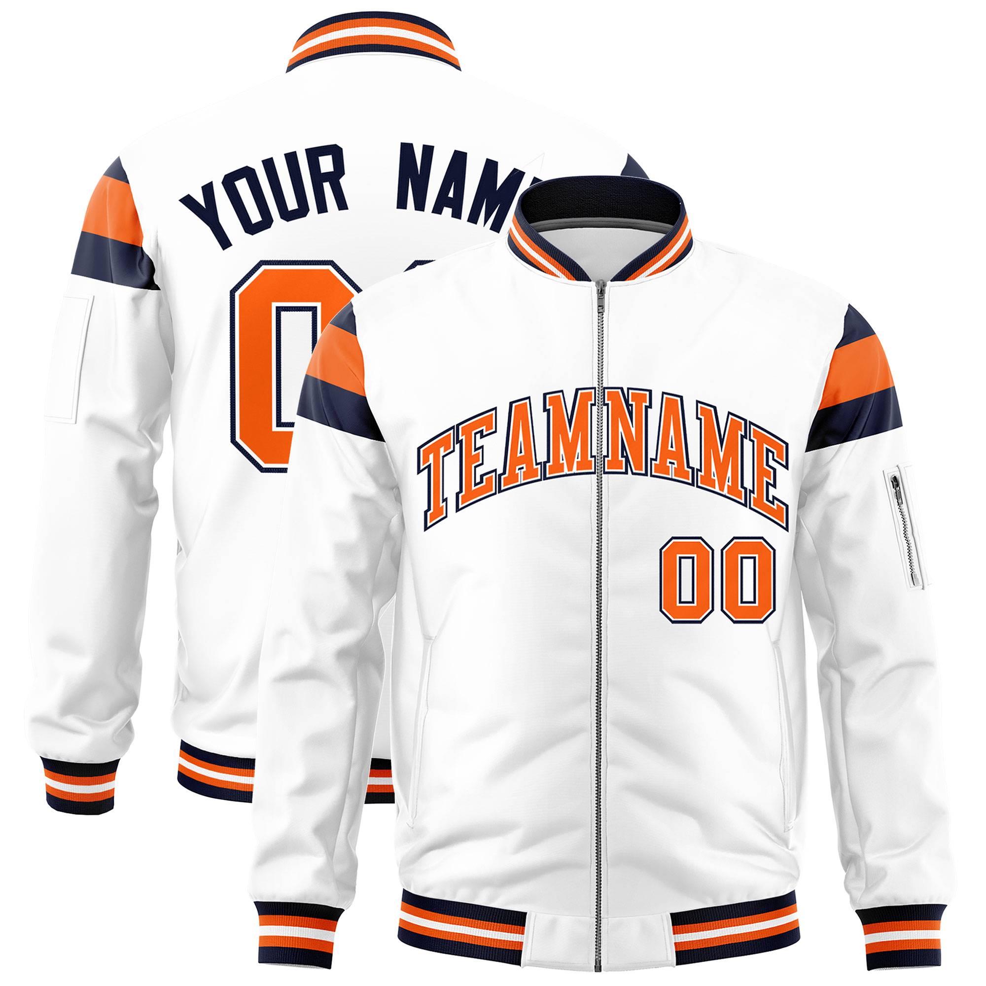 Custom White Navy-Orange Varsity Full-Zip Shoulder Color Block Letterman Bomber Jacket