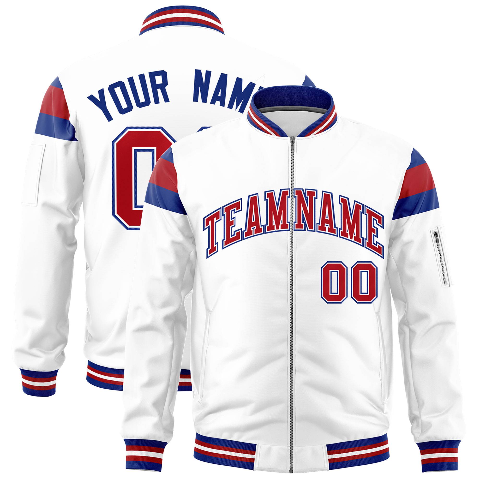 Custom White Royal-Red Varsity Full-Zip Shoulder Color Block Letterman Bomber Jacket