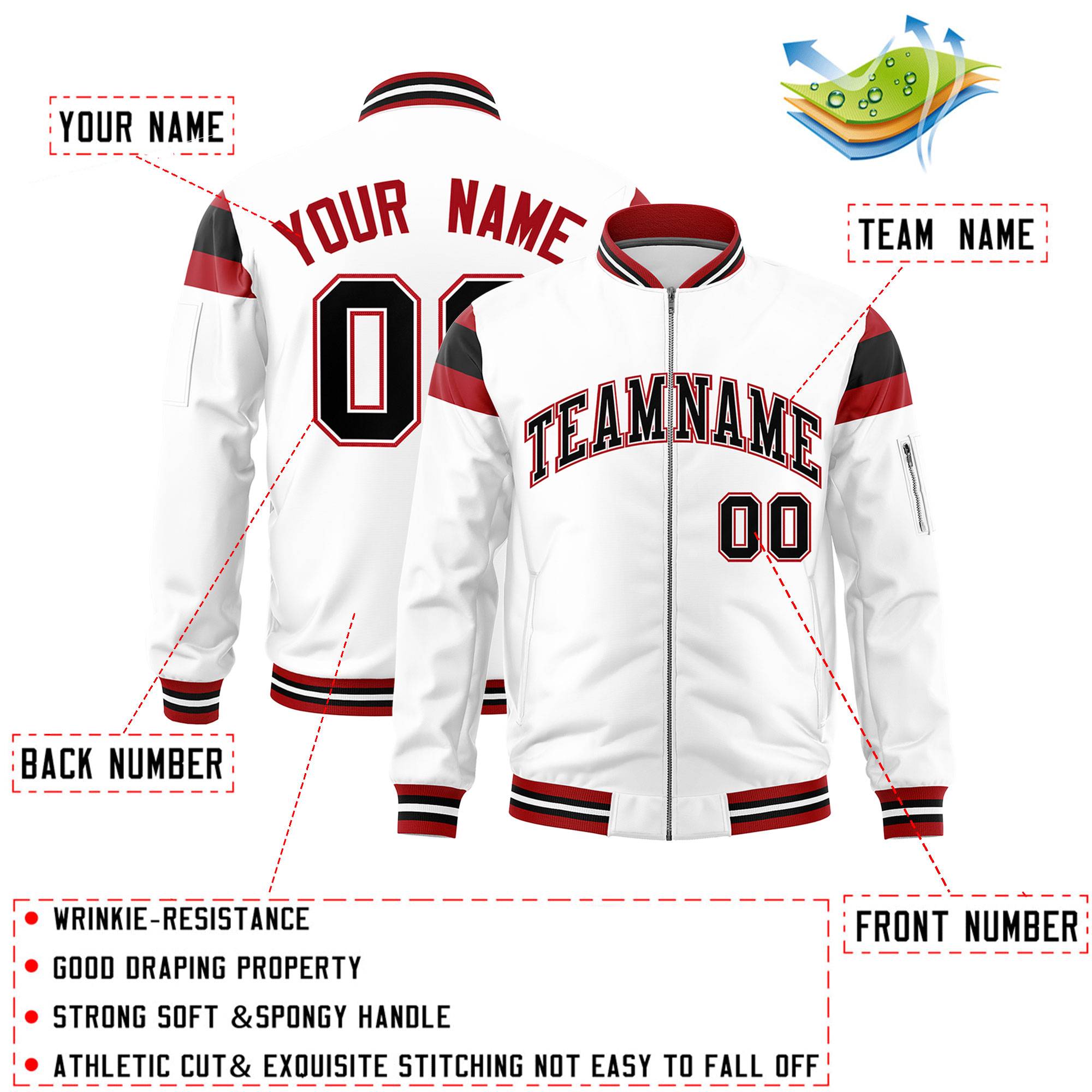 Custom White Red-Black Varsity Full-Zip Shoulder Color Block Letterman Bomber Jacket