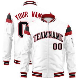 Custom White Red-Black Varsity Full-Zip Shoulder Color Block Letterman Bomber Jacket