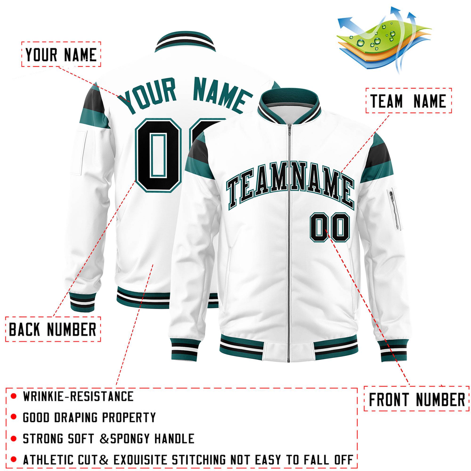 Custom White Aqua-Black Varsity Full-Zip Shoulder Color Block Letterman Bomber Jacket