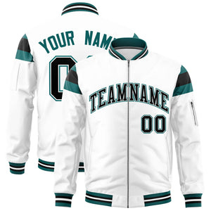 Custom White Aqua-Black Varsity Full-Zip Shoulder Color Block Letterman Bomber Jacket