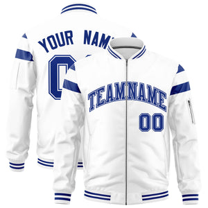 Custom White Royal Varsity Full-Zip Shoulder Color Block Letterman Bomber Jacket