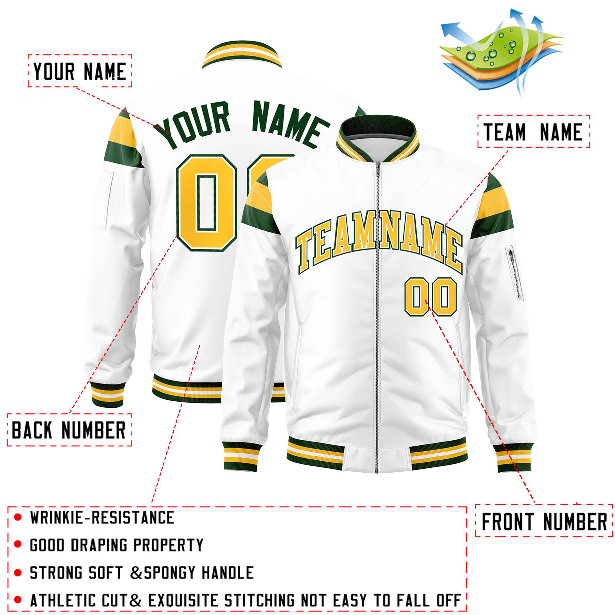 Custom White Green-Gold Varsity Full-Zip Shoulder Color Block Letterman Bomber Jacket