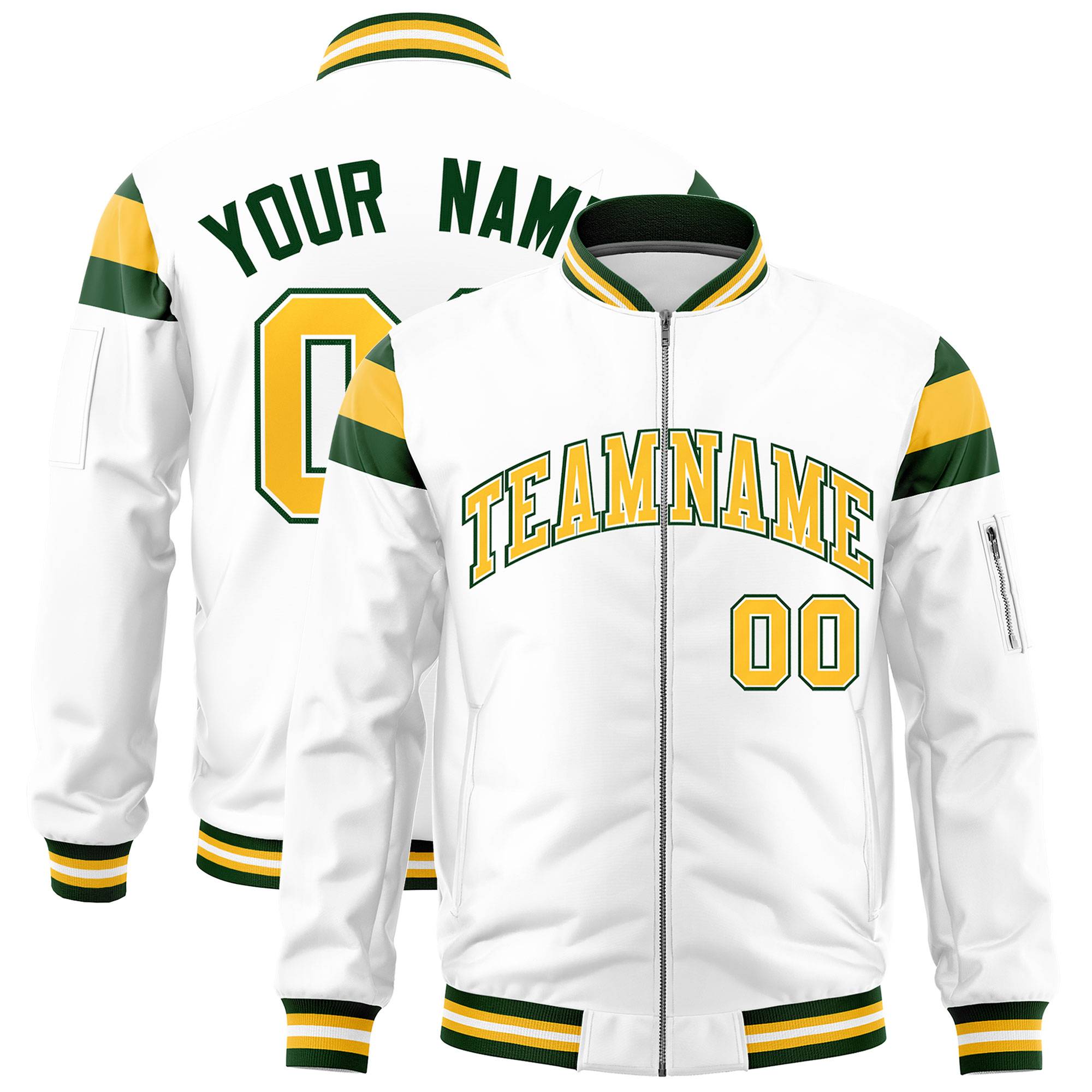 Custom White Green-Gold Varsity Full-Zip Shoulder Color Block Letterman Bomber Jacket